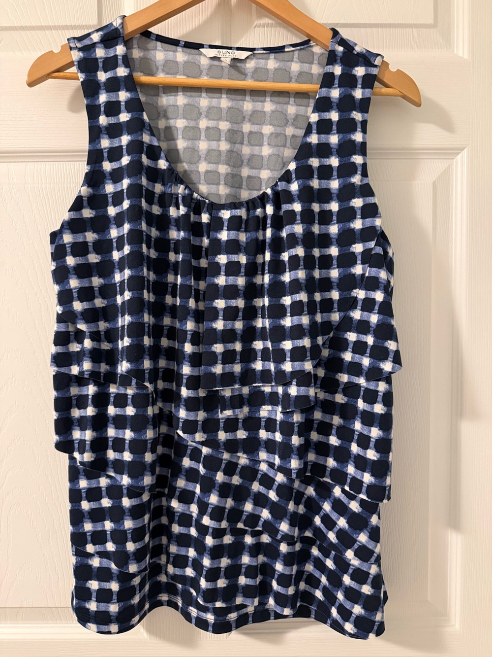 Alfred Sung Sleeveless Layered Blouse Blue Geometric Print Size Large
